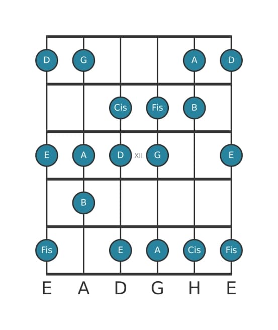 Gitarrenskala für D Harmonisch Dur in Position 9