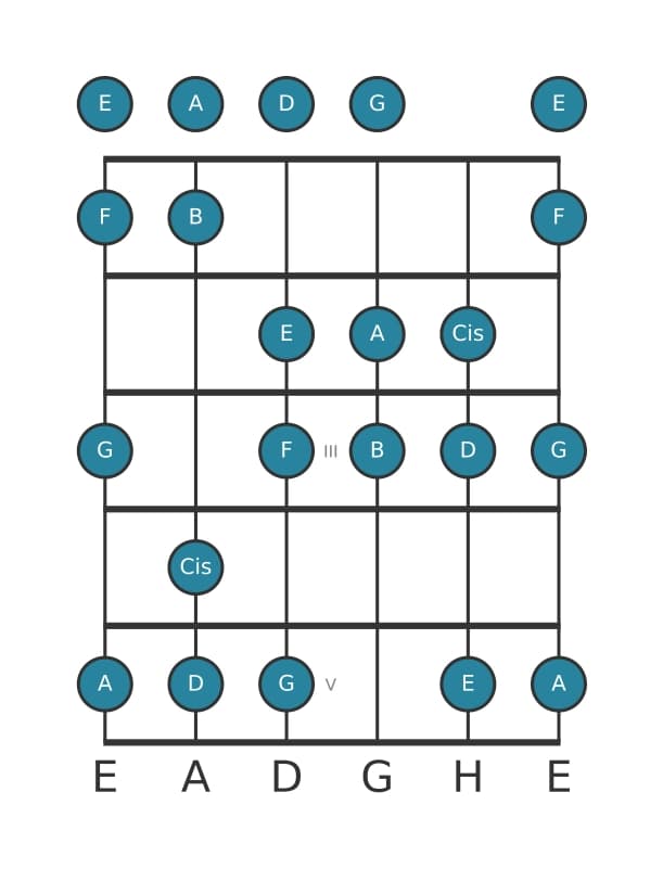 Gitarrenskala für D Harmonisch Moll in Position 0