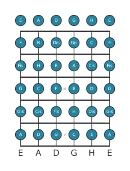 Gitarrenskala für E Chromatisch in Position 0