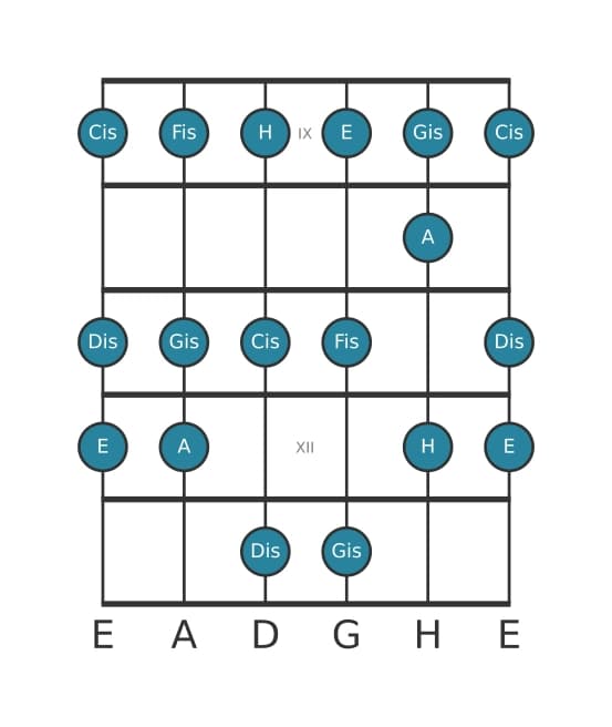 Gitarrenskala für E Dur in Position 8