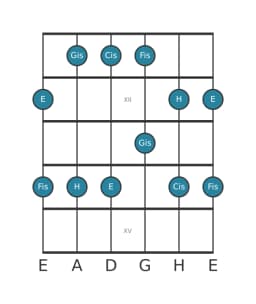 Gitarrenskala für Gis Malkos Raga in Position 10