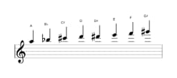 Sheet music of the A Purvi raga scale in three octaves (5)