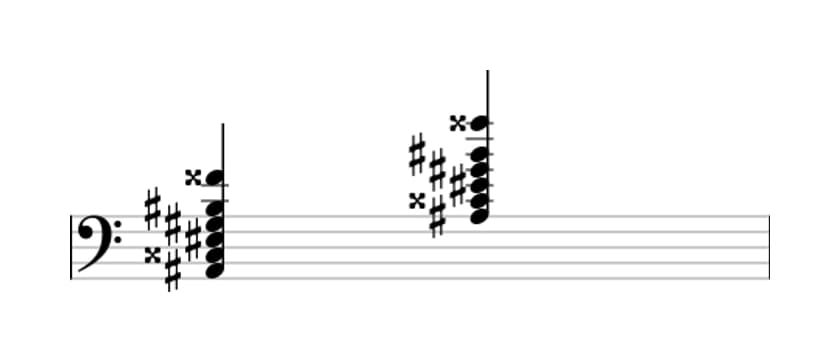 Sheet music of A sharp Dominant thirteenth in three octaves (2)