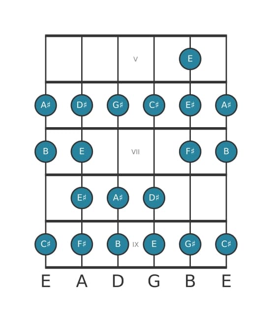 Guitar scale for A sharp Bebop locrian in position 4