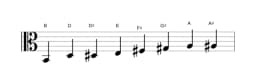 Sheet music of the B Kafi raga scale in three octaves (2)