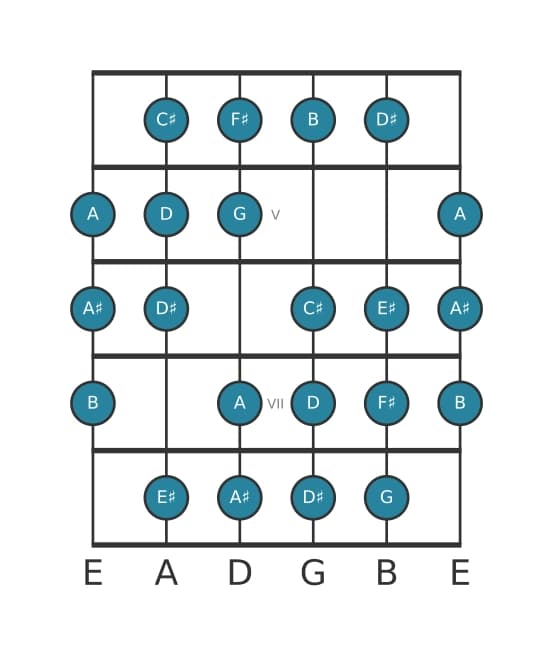 Guitar scale for B Messiaen's mode 3 in position 3