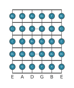 Guitar scale for B flat Chromatic in position 5