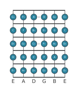 Guitar scale for B flat Chromatic in position 6
