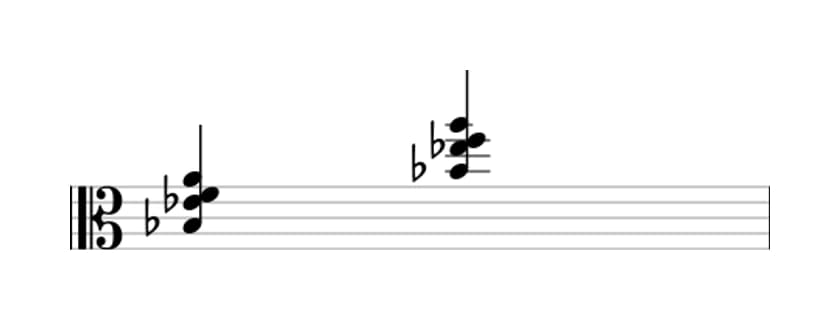 Sheet music of B flat Major seventh suspended fourth in three octaves (3)