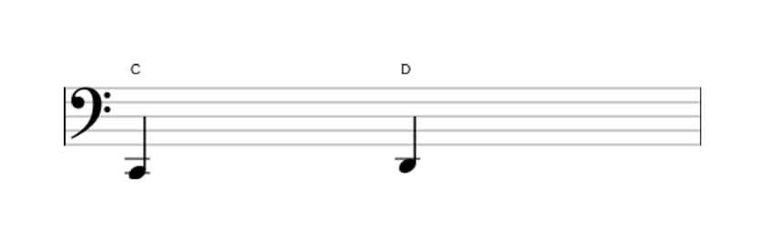 Sheet music of the Major second interval in three octaves (2)