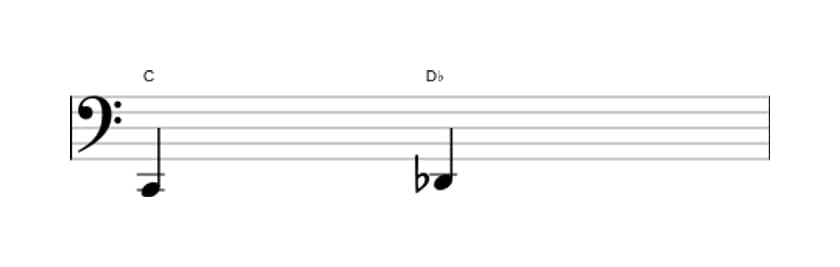 Sheet music of the Minor second interval in three octaves (2)