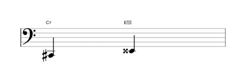 Sheet music of the Augmented third interval in three octaves (2)