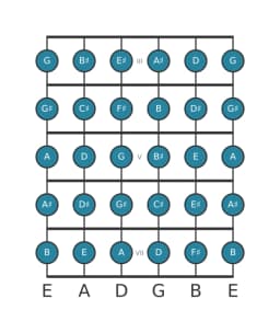 Guitar scale for C sharp Chromatic in position 2