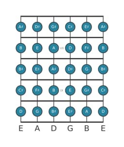 Guitar scale for C sharp Chromatic in position 5