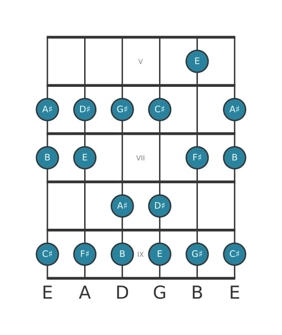 Guitar scale for C sharp Dorian in position 4
