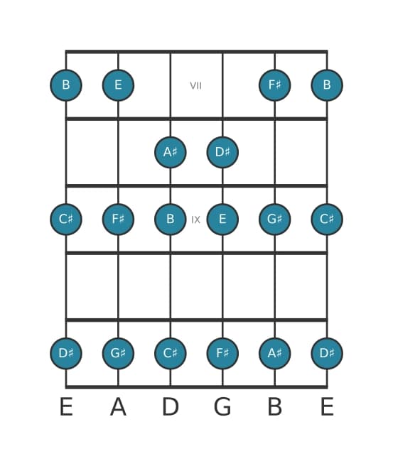 Guitar scale for C sharp Dorian in position 6