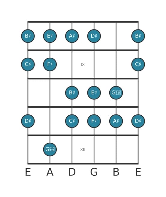 Guitar scale for C sharp Major augmented in position 7