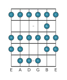 Guitar scale for D Bebop locrian in position 7