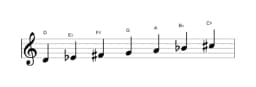 Sheet music of the D Double harmonic major scale in three octaves (4)