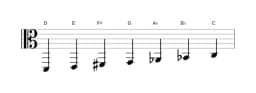 Sheet music of the D Locrian major scale in three octaves (2)