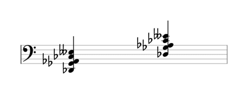 Sheet music of D flat suspended fourth flat ninth in three octaves (2)
