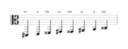 Sheet music of the D sharp Purvi raga scale in three octaves (2)