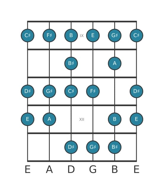 Guitar scale for E Bebop major in position 8