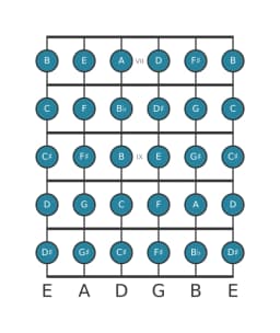 Guitar scale for E Chromatic in position 6