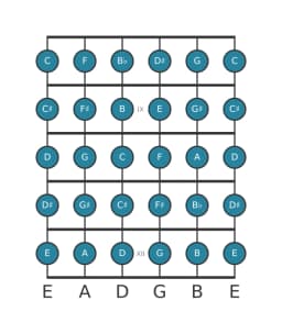 Guitar scale for E Chromatic in position 7