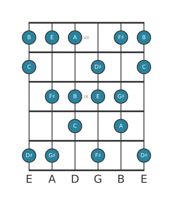 Guitar scale for E Harmonic major in position 6