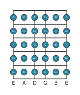 Guitar scale for F Chromatic in position 2