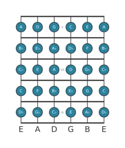 Guitar scale for F Chromatic in position 4