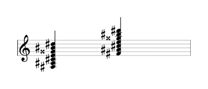 Sheet music of F sharp Dominant thirteenth sharp ninth sharp eleventh in three octaves (3)