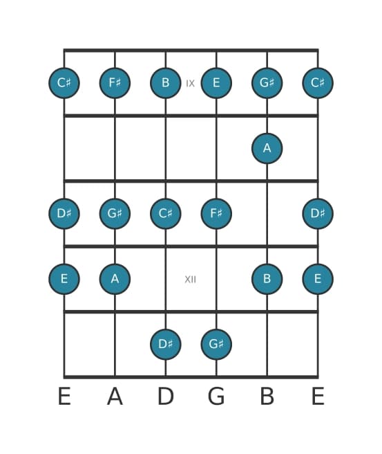 Guitar scale for F sharp Dorian in position 8