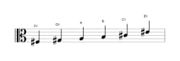 Sheet music of the F sharp Minor hexatonic scale in three octaves (3)