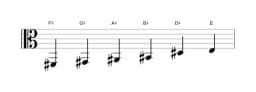 Sheet music of the F sharp Prometheus scale in three octaves (2)