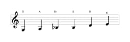 Sheet music of the G Major blues scale in three octaves (3)