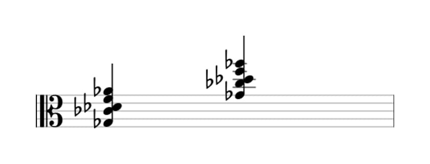Sheet music of G flat Major ninth suspended fourth in three octaves (3)