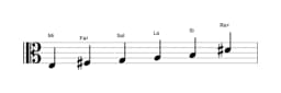Partitura de la escala Mi Hexatónica menor en tres octavas (3)