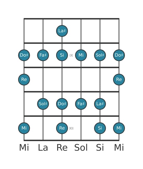 Escala de guitarra para Re Lidia aumentada en posición 7