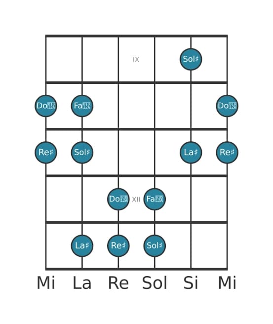 Gamme de guitare pour Re dièse Ionien pentatonique en position 8