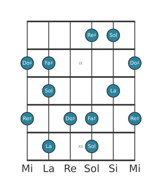 Gamme de guitare pour Re dièse Super locrien pentatonique en position 7