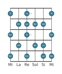 Gamme de guitare pour Si Tons entiers en position 6