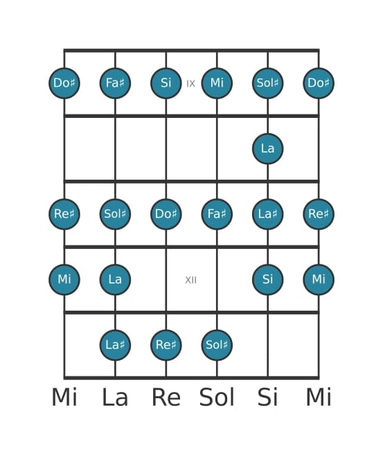 Scala per chitarra per Re Diesis Bebop Locria nella posizione 8