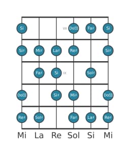 Scala per chitarra per Re Diesis Minore 6 Diminuita nella posizione 6