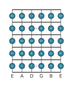 Gitaar toonladder voor B Chromatisch in positie 10