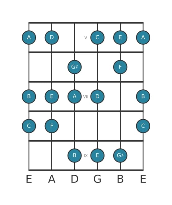 Gitaar toonladder voor C Overmatig majeur in positie 4