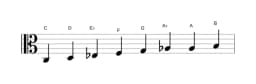 Bladmuziek van de C Verminderd mineur zes toonladder in drie octaven (3)