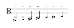 Bladmuziek van de Cis Oriëntaals toonladder in drie octaven (2)