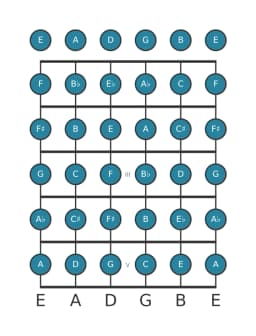 Gitaar toonladder voor D Chromatisch in positie 0